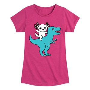Girls' - Instant Message - Axolotl Riding A Dinosaur Fitted Short Sleeve Graphic T-Shirt - 1 of 4