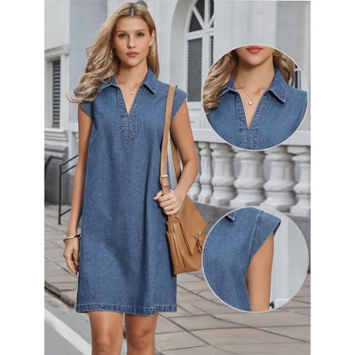 Женские платья INSPIRE CHIC Women's Denim V Neck Cap Sleeve Loose Casual Tunic Jean Mini Dresses Small Blue — фото 2