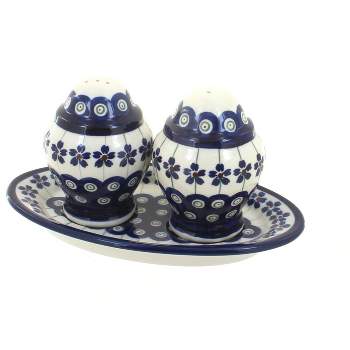 Blue Rose Polish Pottery 1282 Zaklady Salt & Pepper Shakers with Plate