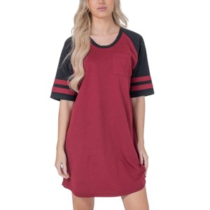 YafeMarte Women’s Short Sleeve Long Two Tone Nightshirt with Striped Sleeves and Pocket - 1 of 4