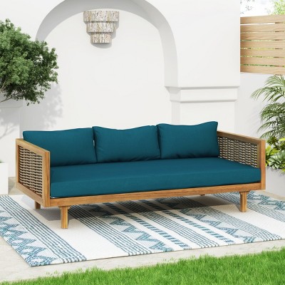 Outdoor 3 Seater Fabric Upholstered Sofa Bed,Acacia Wood Slat Panel Backrest Daybed,Rattan Armrests Patio Chaise Lounges-Coolbibila