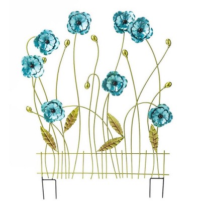 Plow & Hearth Blue Flower Decorative Garden Fence Panel Painted Metal Accent