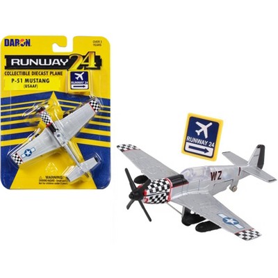 North American P-51 Mustang Fighter Aircraft Silver Met "US Army Air Force" w/Runway 24 Sign Diecast Model Airplane by Runway24