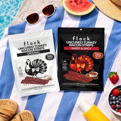 Flock Foods Uncured Sweet & Spicy Turkey Bacon Strips - 10g Protein - 2oz