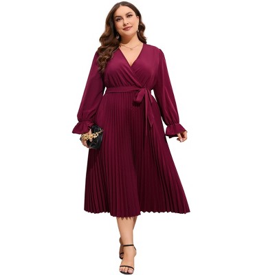WhizMax Women Wrap V Neck Pleated Hem Dress Ruffle Long Sleeves Elegant A Line Midi Dress with Belt