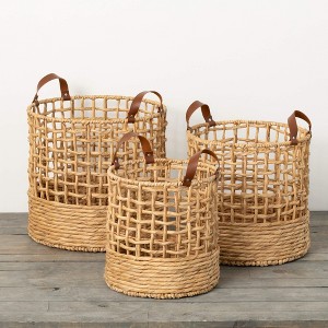 Sullivans 16.5", 14.5" & 13" Open Weave Handled Baskets Set of 3, Natural - 1 of 4