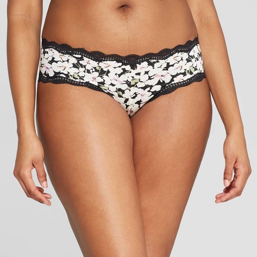 Women's Floral Print Lace Trim Cotton Thong - Auden™ Black XS