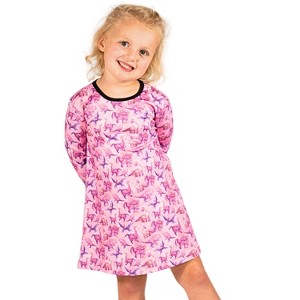 The Pink Picket Fence Suzie Dino Dress for Girls – Long Sleeve Play Dress – Hand-Painted Dinosaur Print - 1 of 4