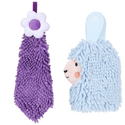 REGALWOVEN Soft Absorbent Flower Pattern and Sheep Pattern Chenille Hand Towel with Loop 6" x 15"/7" x 11" 2 Pcs