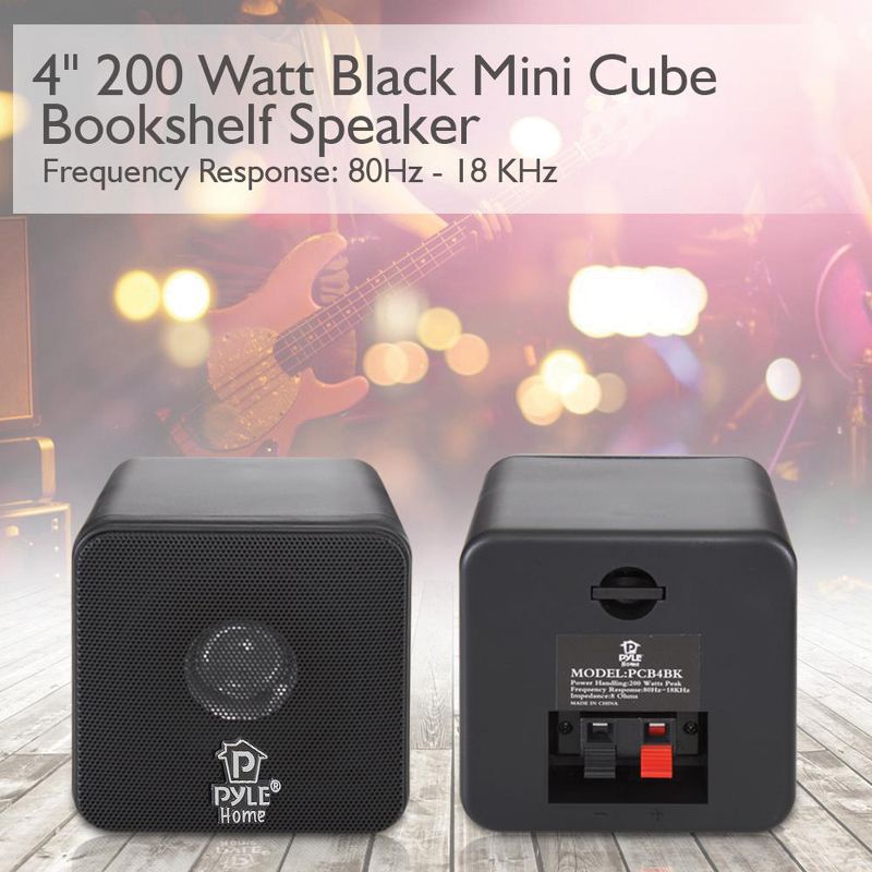 Pyle® 200-Watt 4-In. Mini-Cube Bookshelf Speaker Set, Black, 2 Count, 3 of 8