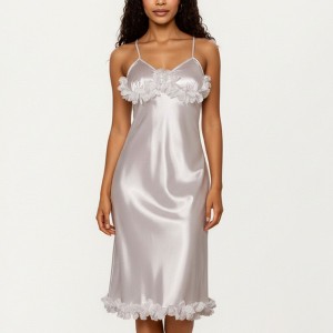 Anna-Kaci Lounge Women's Satin Midi Slip Dress with 3D Floral Trim Bodice and Ruffled Hem Detail for a Soft Sculpted Silhouette - 1 of 4