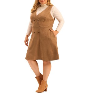 Agnes Orinda Women's Plus Size Overall Button Casual Faux Suede A Line Dresses - 1 of 4