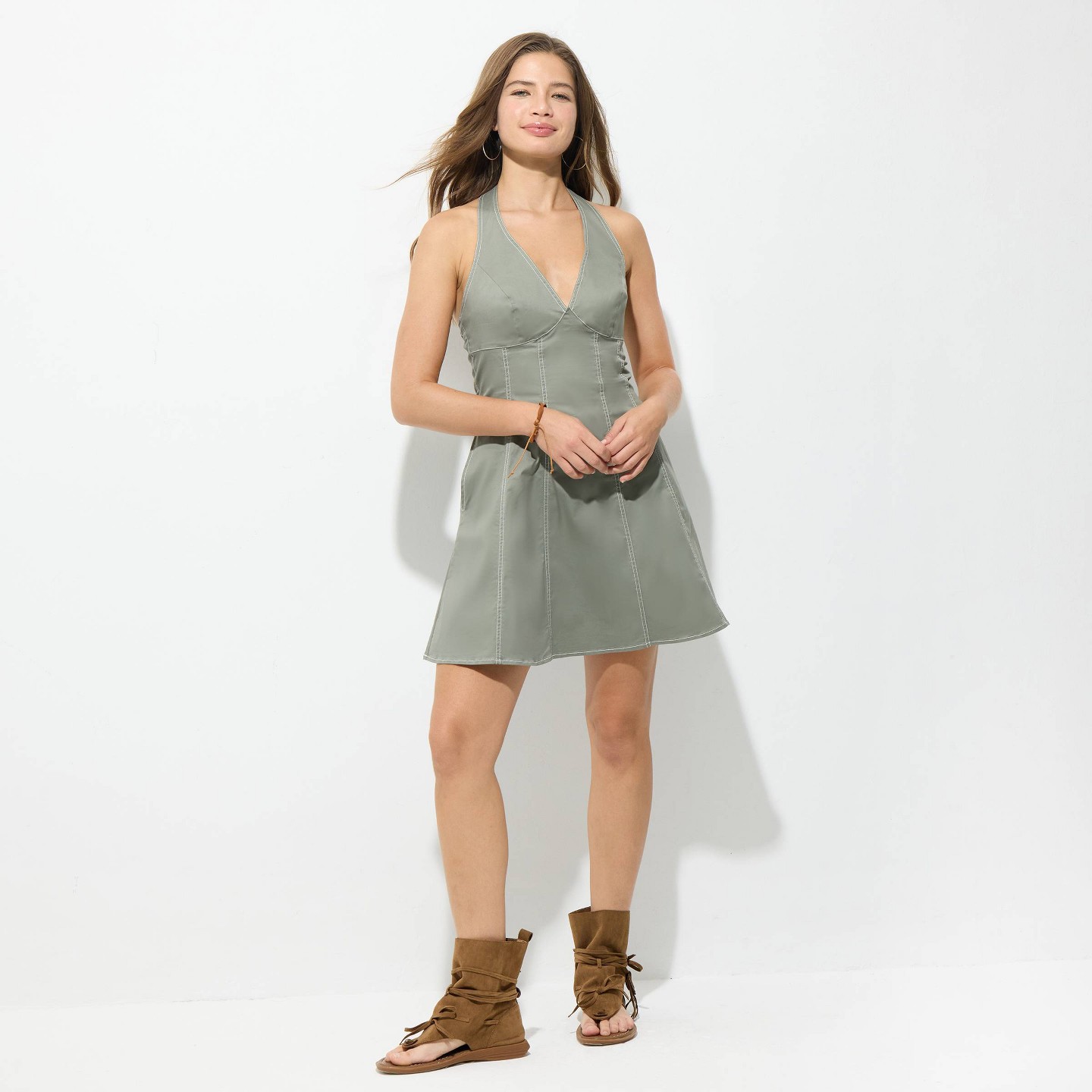 Женское платье Wild Fable Sleeveless Twill Mini, цвет: Зелёный — фото 3