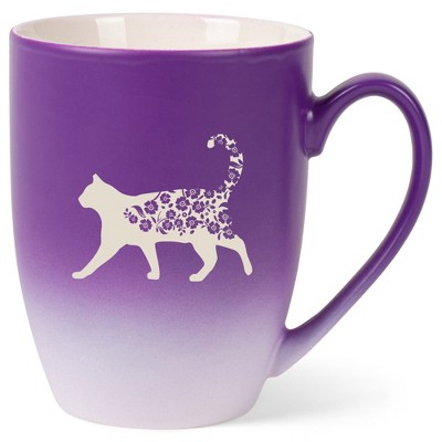 Elanze Designs Cat and Flowers 12 Ounce Ceramic Laser-Etched Engraved Drinkware Mug, Purple and White Ombre