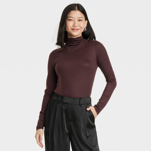 Women's Ruched Mock Turtleneck Long Sleeve T-Shirt - A New Day™ Brown M