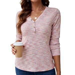 Womens Waffle Knit Top V Neck Long Sleeve Henley Shirts Button Up Fall T Shirt - 1 of 3