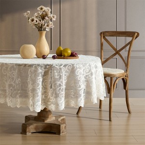 HLC.ME Scroll Lace Fabric Table Cloth for Round Tables, Wrinkle Resistant, Patterned Scalloped Tablecloth - 1 of 4