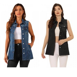 INSPIRE CHIC Women's Sleeveless Casual Button-Down Side Pockets Long Jean Vests 2 Packs - 1 of 4