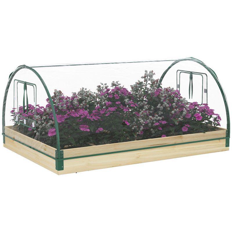Outsunny 4' x 3' x 2' Raised Garden Bed with Greenhouse, Wooden Planter Box with PVC Plant Cover, Roll Up Windows for Vegetables, Flowers, Natural, 1 of 7