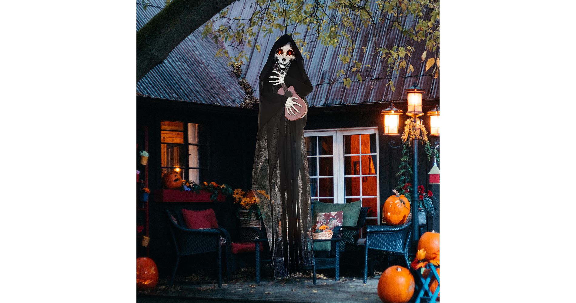 Whisen Halloween Animatronic Guitar-Playing Reaper, Motion & Sound Activated, Glowing Eyes - Black