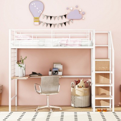 Twin Size Metal Loft Bed with Desk and Metal Grid, Stylish Metal Frame Bed with Lateral Storage Ladder and Wardrobe, Black