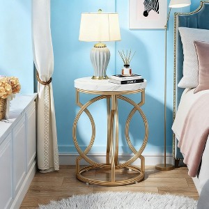 Gulches Spacious Modern Round End Table with Faux Marble Top and Gold O-Shaped Base, Multipurpose Sofa Side Table - 1 of 4