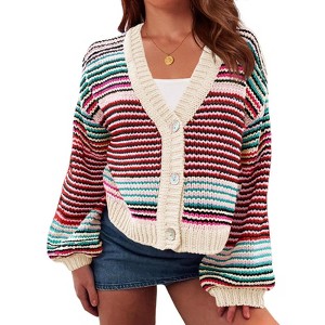 Imily Bela Womens Button Up Striped Cardigan Oversized V Neck Puff Sleeve Color Block Knit Coat - 1 of 4