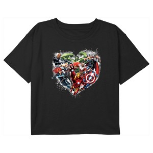 Girl's Marvel Valentine's Day Avenger Heart Collage Crop T-Shirt - 1 of 3