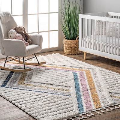 Ivory Geometric Synthetic Rectangular Area Rug with Braided Tassels