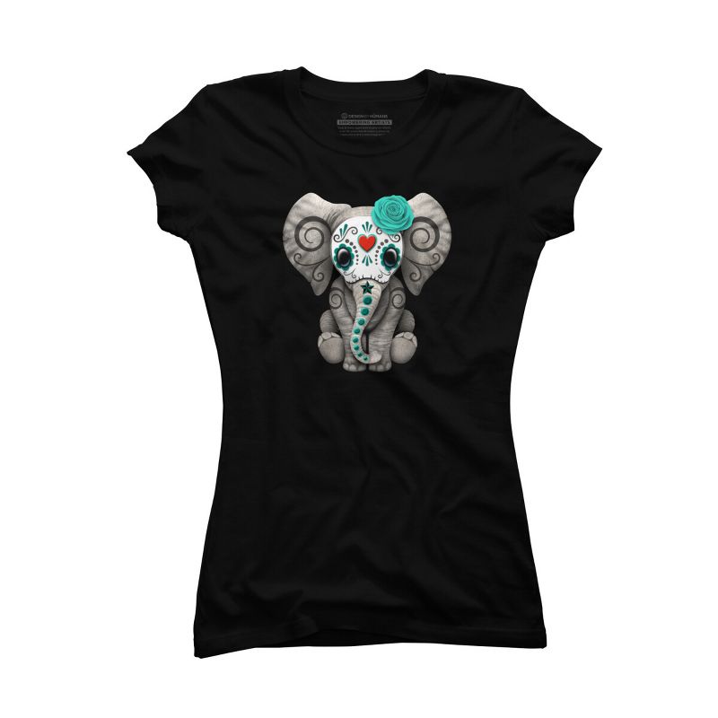 Junior's Design By Humans Blue Day of the Dead Sugar Skull Baby Elephant By jeffbartels T-Shirt, 1 of 4