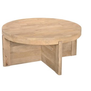 HomeRoots 36" Natural Solid Wood Round Cross Legs Coffee Table - 1 of 4