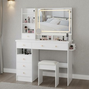 Homy Casa Vanity Table with Lighted Mirror, Stool and Storage Drawers for Bedroom or Dressing Room - 1 of 4