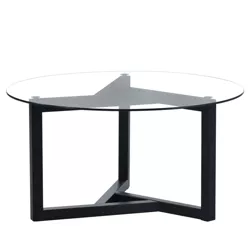 Modern Round Coffee Table Cocktail Table with Tempered Glass Top & Sturdy Wood Base Black-ModernLuxe