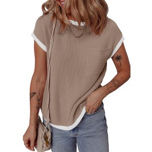 Womens Summer Tops Casual Shirt Crewneck Short Sleeve Shirt Ribbed Color Block Top Trendy Loose Fit Tshirt - 1 of 2