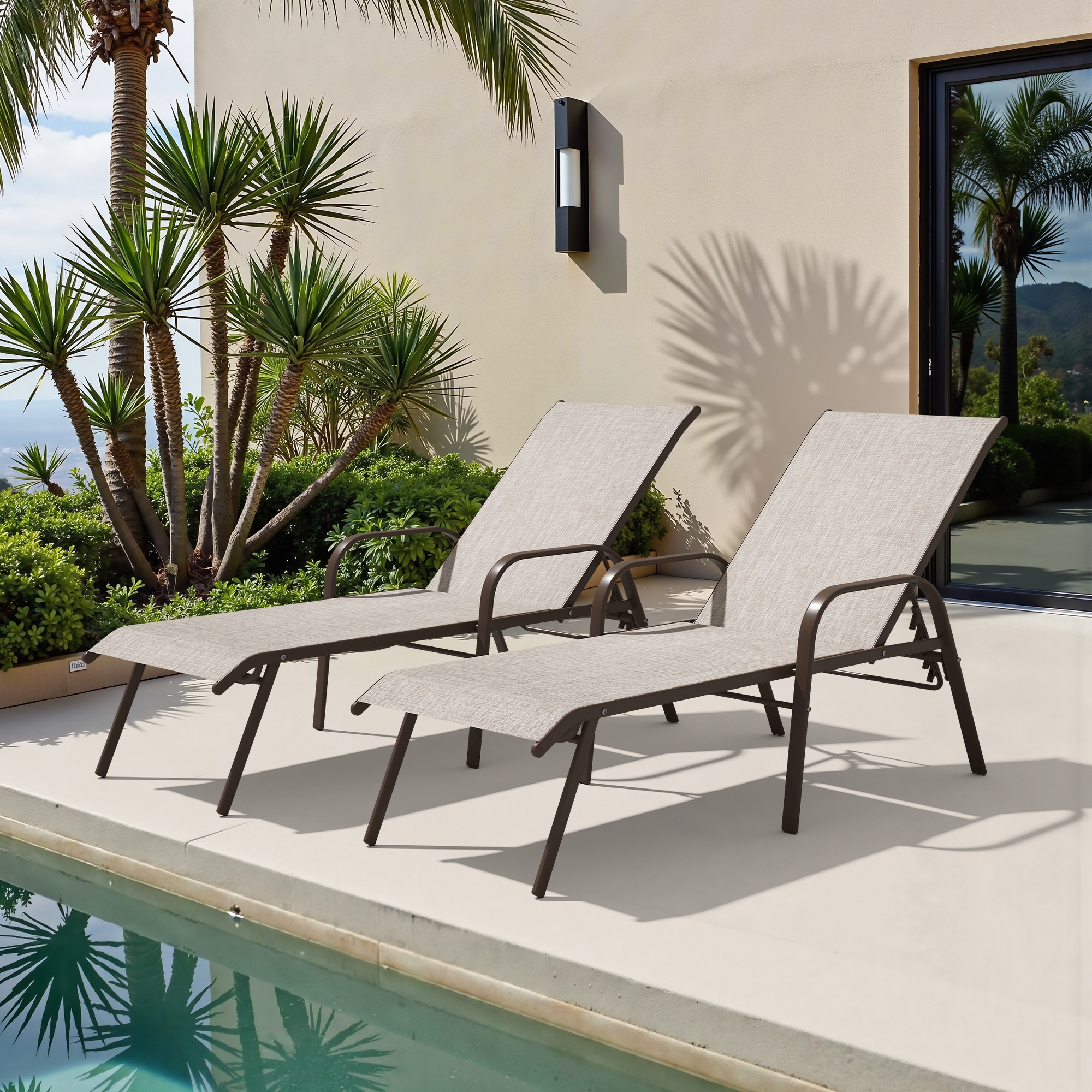 Crestlive Products Set of 2 Patio Chaise Lounge Chair 6 Positions Adjustable with Armrest Beige