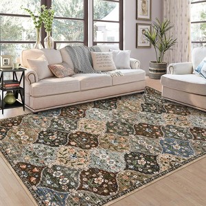 Vintage Trellis Area Rug Traditional Floral Washable Rugs for Living Room Bedroom Low Pile Non-Slip Floor Carpet - 1 of 4