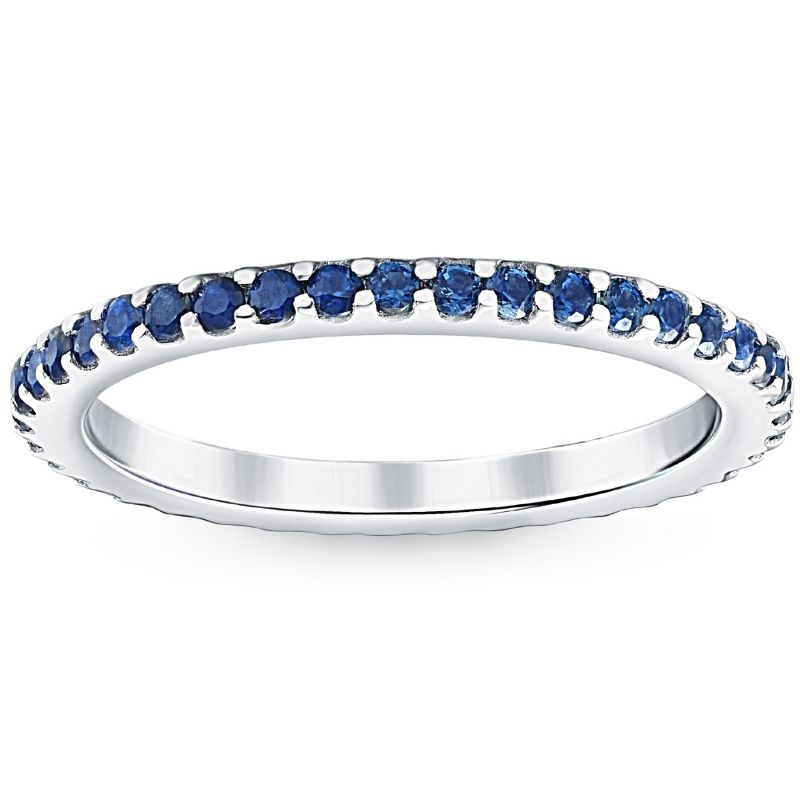 Pompeii3 3/4Ct Blue Sapphire Stackable Ring Wedding Band 10k White Gold, 1 of 6