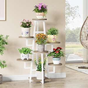 ORRD Tiered Plant Stand for Multiple Pots, 7-Tier White & Brown Corner Shelf with Round Shelves, Indoor Outdoor Organizer for Balcony, Living Room - 1 of 4