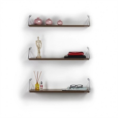 Mounted Rustic Decorative Hanging Metal Bracket Triple Shelfs for Books, Walnut/Chrome