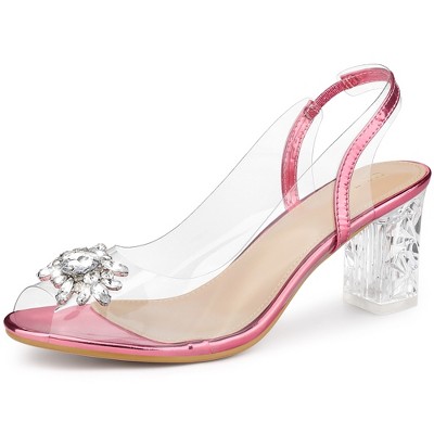 Perphy Women's Clear Slingback Rhinestone Peep Toe Block Sandal Heels