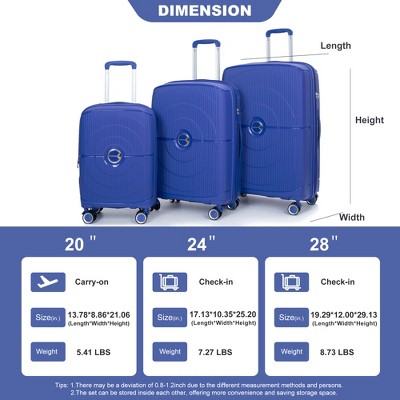 Vynxaria 3-Piece Navy PP Expandable Hardshell Luggage Set 20/24/28" Double Spinner Wheels TSA Lock