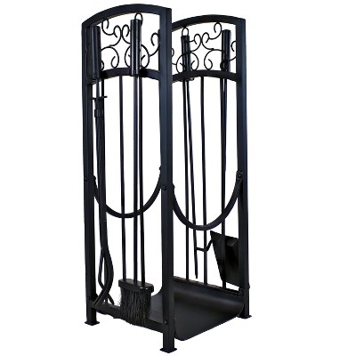 Sunnydaze Indoor/Outdoor Iron Filigree Firewood Log Rack with 4-Piece Fireplace Tool Set - Black