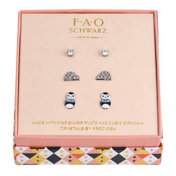 FAO Schwarz Holiday Crystal Stone, Igloo and Penguin Stud Trio Earring Set