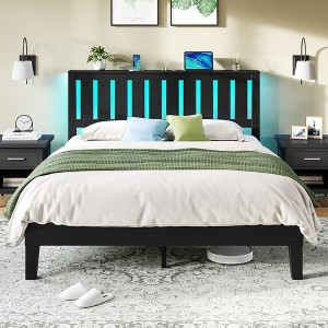 Greenstell Wooden Bed Frame with Headboard, Charging Station & LED Lights - Wood Slat Support Foundation, No Box Spring Needed - 1 of 4