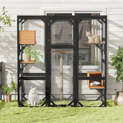 62'' Outdoor Wooden Cat Catio Enclosure with Platforms and 2 Condos,Large Walk-in Cat House Playpen for 1–3 Cats-LAOTIES