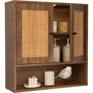 Wall Cabinet Rattan Boho Chic Over Toilet Storage 3 - Tier Wall Mount Double - Door Bathroom Kitchen Dining Room Living Room - 1 of 4