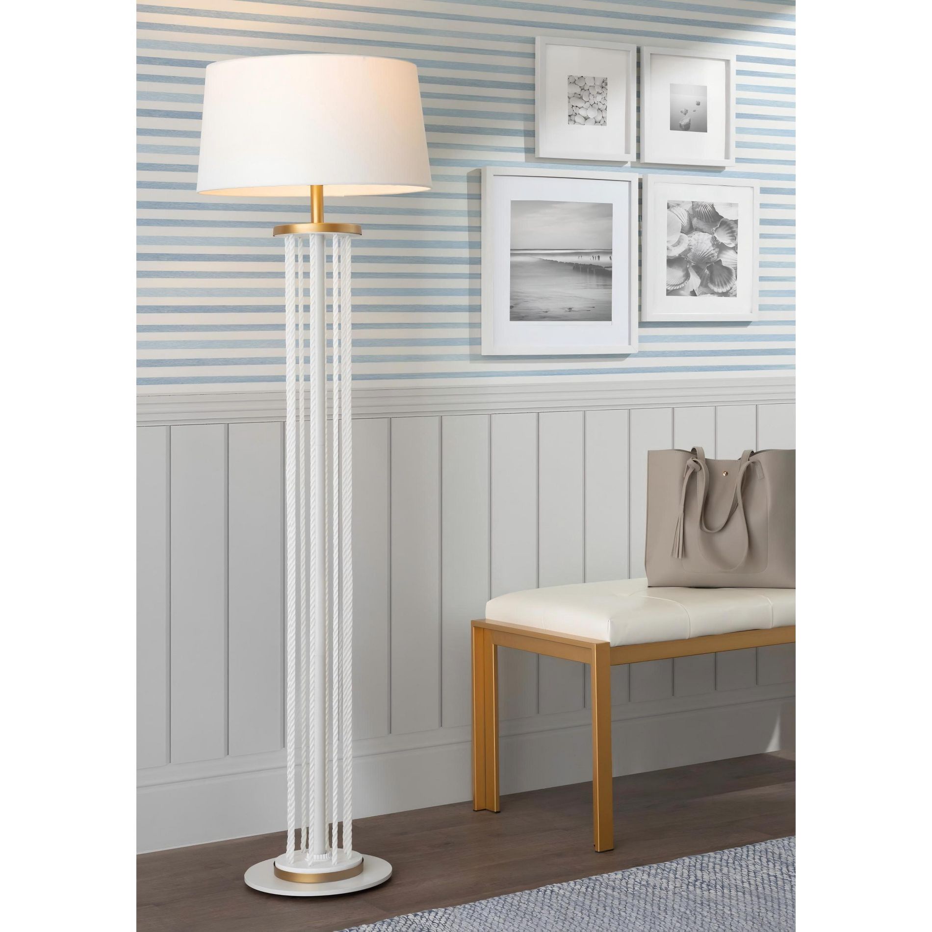 62 inch Contemporary Floor Lamp with White Rope Accent and Natural Wood Base with Fabric Drum Shade