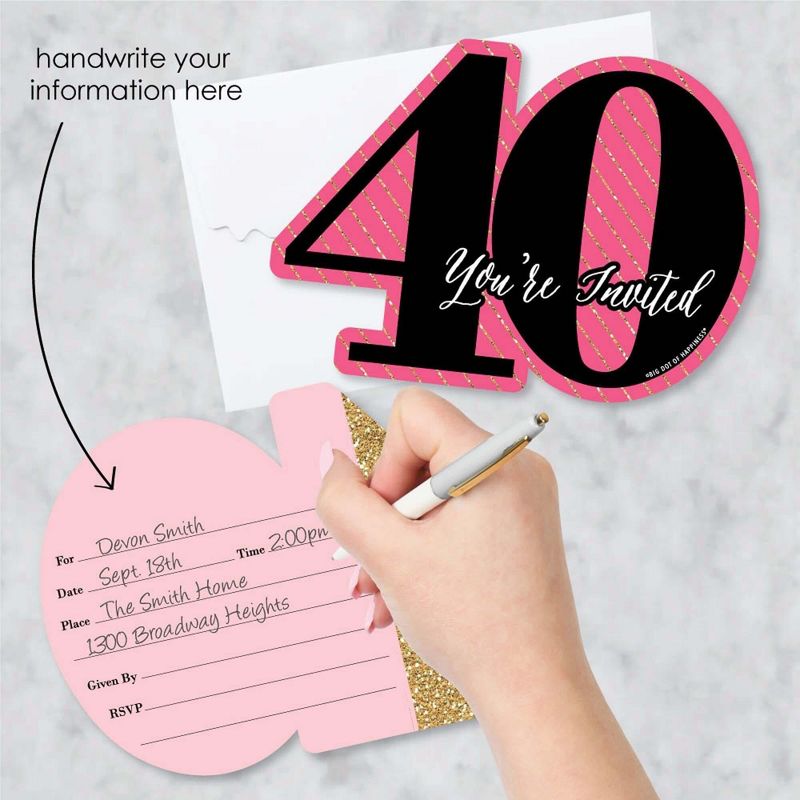 Big Dot of Happiness Chic 40th Birthday - Pink, Black and Gold - Shaped Fill-in Invites - Birthday Party Invitation Cards with Envelopes - Set of 12, 2 of 7