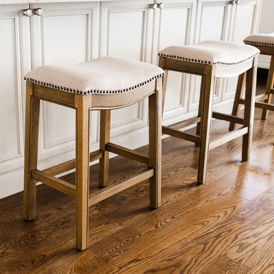 Weathered Oak Saddle-Style Backless Kitchen Stool, Set of 4