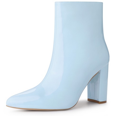 Perphy Women's Patent Pointed Toe Side Zip Chunky Heel Ankle Boots Sky Blue  9 : Target